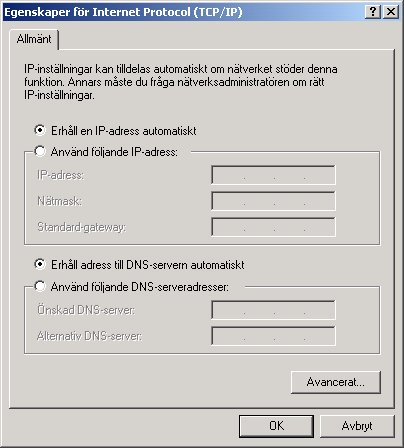 Inställning av en PC med Windows XP 1. Gå till Start / Kontrollpanel (i Klassisk vy). I Kontrollpanelen, dubbelklicka på Nätverksanslutningar 2. Dubbelklick på Anslutning till lokalt nätverk.