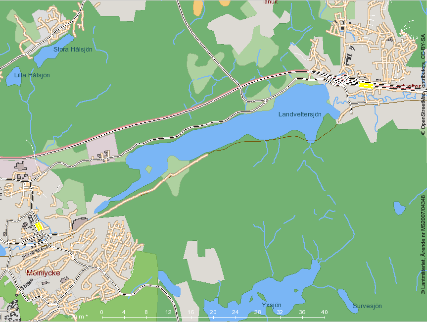 Figur 7 Beräknad årsmedelhalt av partiklar PM10 på utvalda gatu-/vägavsnitt i Härryda kommun.