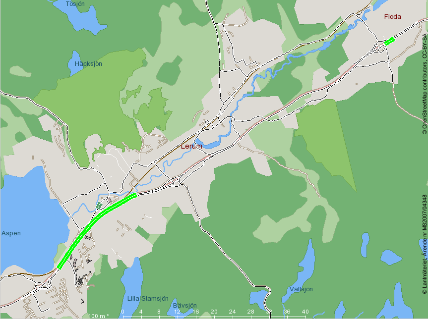 Figur 13 Beräknad årsmedelhalt av partiklar PM10 på utvalda gatu-/vägavsnitt i Lerums kommun.