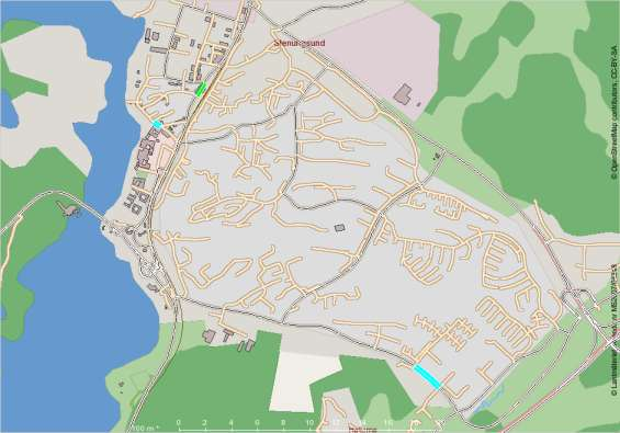 Figur 21 Beräknad årsmedelhalt av partiklar PM10 på utvalda gatu-/vägavsnitt i Stenungsund.