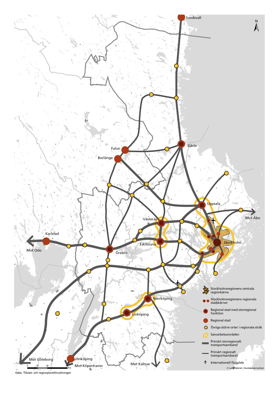 Figur 13. Strukturbild för östra Mellansverige. Källa Samrådshandling för ÖMS 2050, Stockholms läns landsting, Tillväxt- och regionplaneförvaltningen.