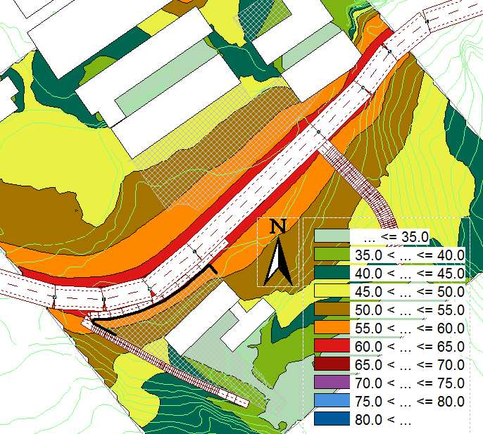 Sida 11 av 15 Scenario A Stödmur 0,8 m vid förskola. Ingen mur vid skola. 2400 fordon/dygn. Ekvivalenta ljudnivåer med 0,8 m hög stödmur längs förskolegården (3).