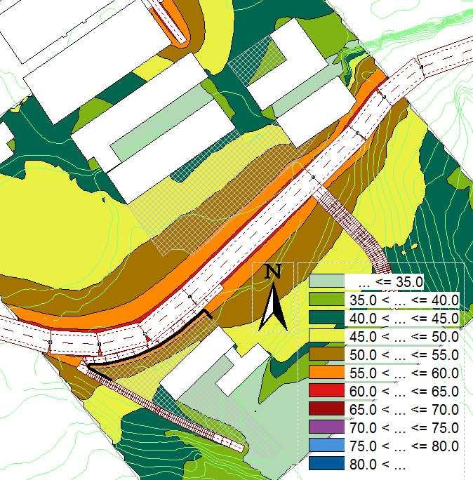 Sida 13 av 15 Scenario C Stödmur 0,8 m vid förskola. Ingen mur vid skola. 1200 fordon/dygn. Ekvivalenta ljudnivåer med 0,8 m hög stödmur längs förskolegården (3).