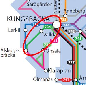 Objekt 20: Linje 734, Älskogsbräcka-Kungsbacka Åtgärden berör lördagstrafiken. På lördagen är det halvtimmestrafik från ca kl.10 till kl. 17 i båda riktningarna.