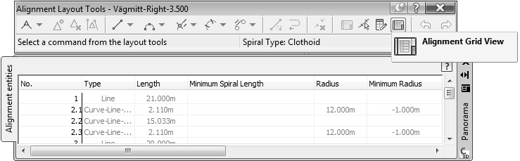 7. Avmarkera nedre vägkantslinjen och markera den därefter igen. I Ribbons, välj Offset Parameters. Notera att detta fönster nu visar både inställningarna för Offset samt Widening. 8.