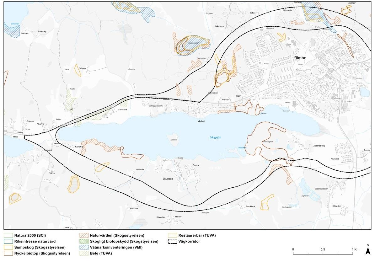 3.3. Befintligt underlag Inom inventeringsområdet (respektive korridor) finns inga skyddade områden såsom naturreservat, Natura 2000, Riksintressen för naturvård eller skogliga biotopskyddsområden.