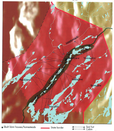 Figur 2. Förflyttningen av skoltsamerna som skulle motsvara de tidigare vinterplatserna. Dessutom hade varje familj sina egna fiskeplatser som motsvarade de tidigare sommarställena.