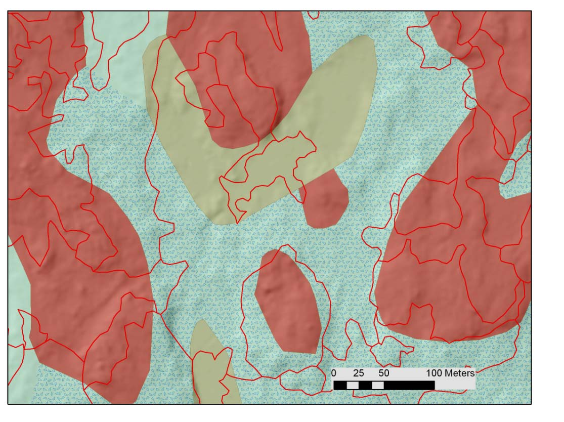 Sveriges geologiska undersökning 17(47) Figur 7. Jämförelse mellan jordartskartan och Lantmäteriets höjddata samt gränserna mellan olika vegetationsklasser i en NILS-ruta (röda linjer).