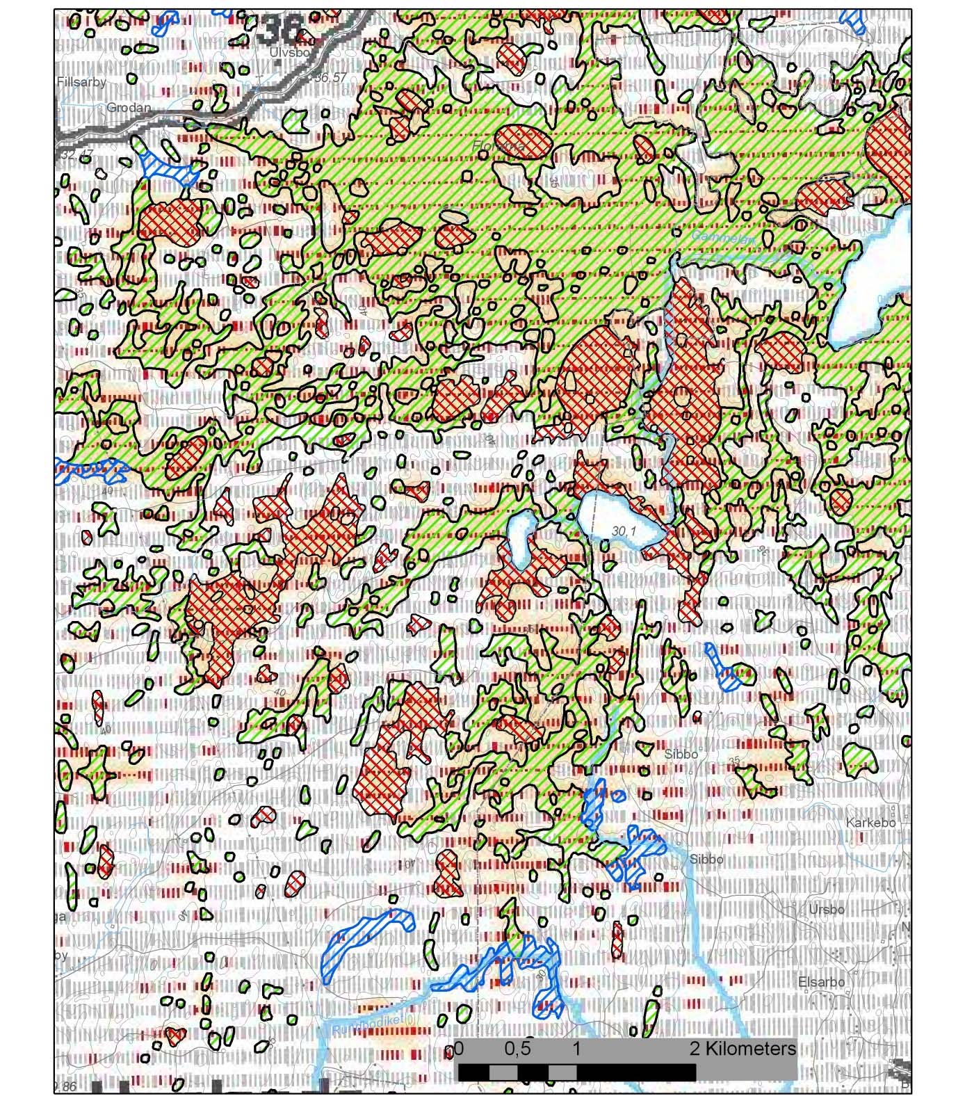 Sveriges geologiska undersökning 37(47) Figur 20. Kartan visar samma område som i fig. 19. Här har torv från jordartskartan (modell A skala 1:50 000) symboliserats tillsammans med torvprognoskartan.