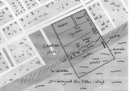 Fig. 1. Schematisk karta över Fårabackarnas NR, med reservatsgränsen prickad och växtsamhällenas utbredning ungefärligt angiven. Sx = Salix.