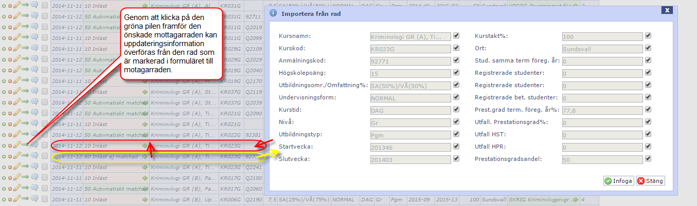 Utfallet från raden som ej är matchad kan nu skjutas över till den planerade raden. Detta görs genom att manuellt styra överföringen av information från inläst rad till rätt befintlig rad.