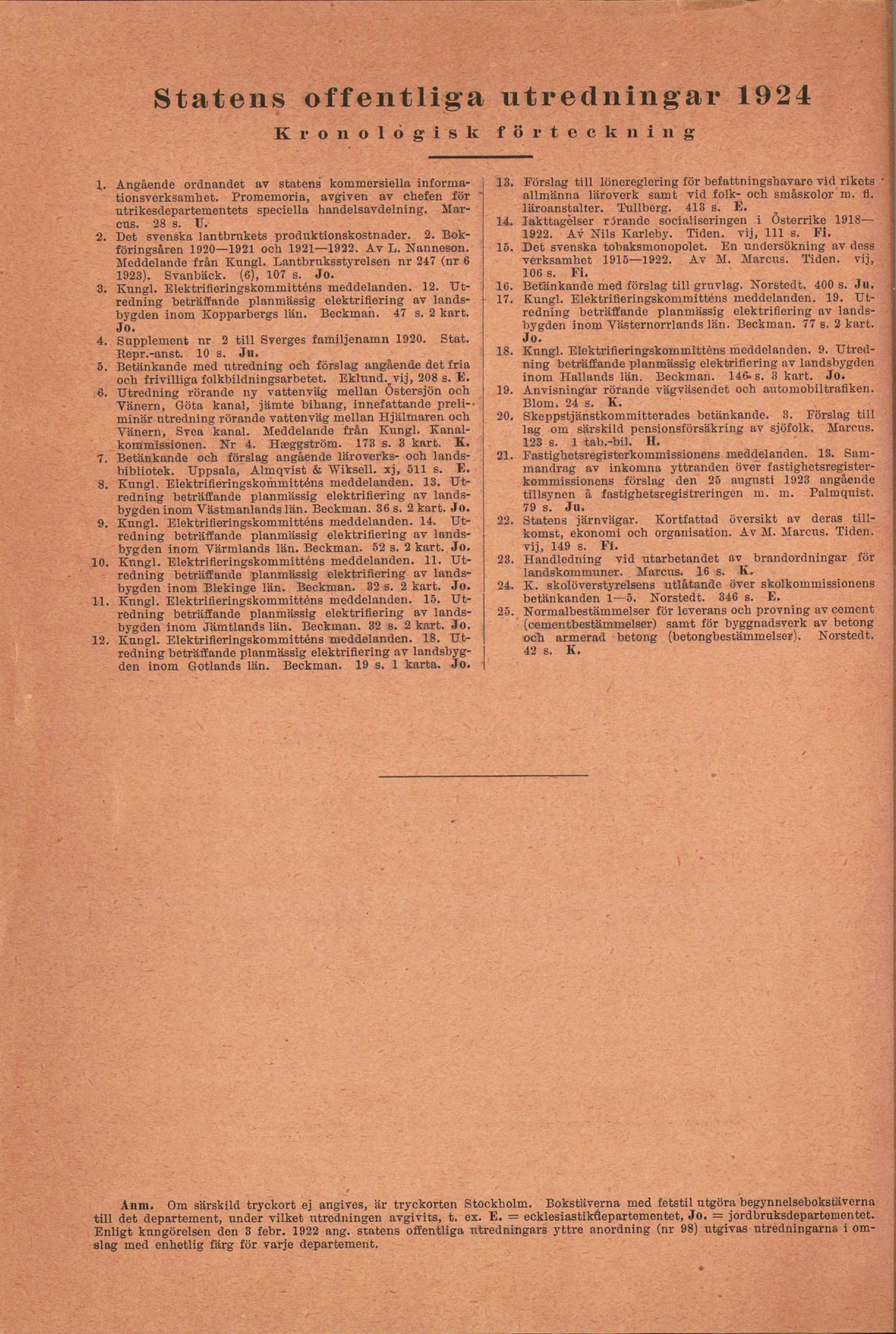 Statens offentliga utredningar 1924 Kronologisk förteckning 1. Angående ordnandet av statens kommersiella informationsverksamhet.