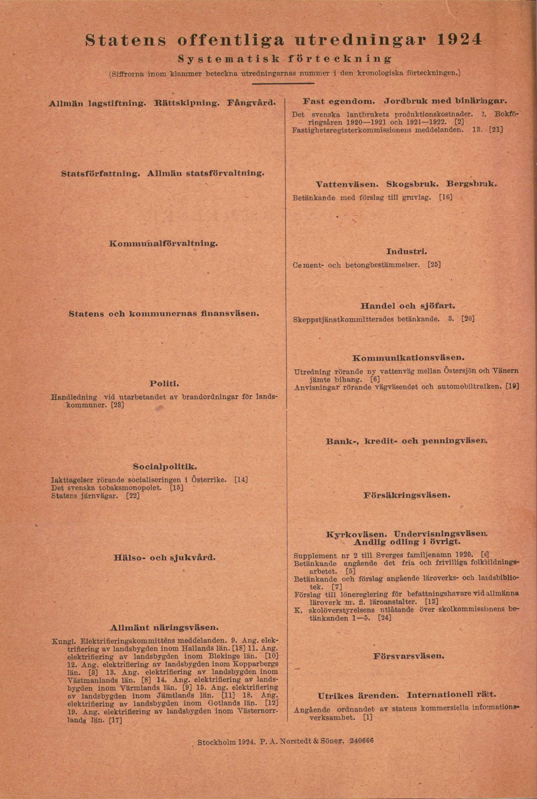 Statens offentliga utredningar 1924 Systematisk förteckning (Siffrorna inom klämmer beteckna utredningarnas nummer- i den kronologiska förteckningen.) Allmän lagstiftning. Rättskipning. Fångvård.