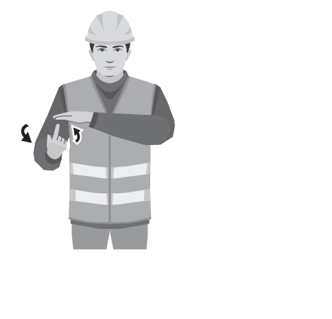 C. Lodräta rörelser Innebörd: HÖJ Beskrivning: Sträck höger hand uppåt med handflatan framåt och gör en långsam cirkelrörelse.