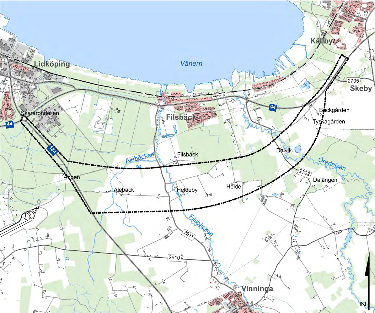 Figur 2.5.1:2 Utredningsområde. Vägkorridor I denna handling utreds ett antal olika vägkorridorer för ny väg 44 inom utredningsområdet.