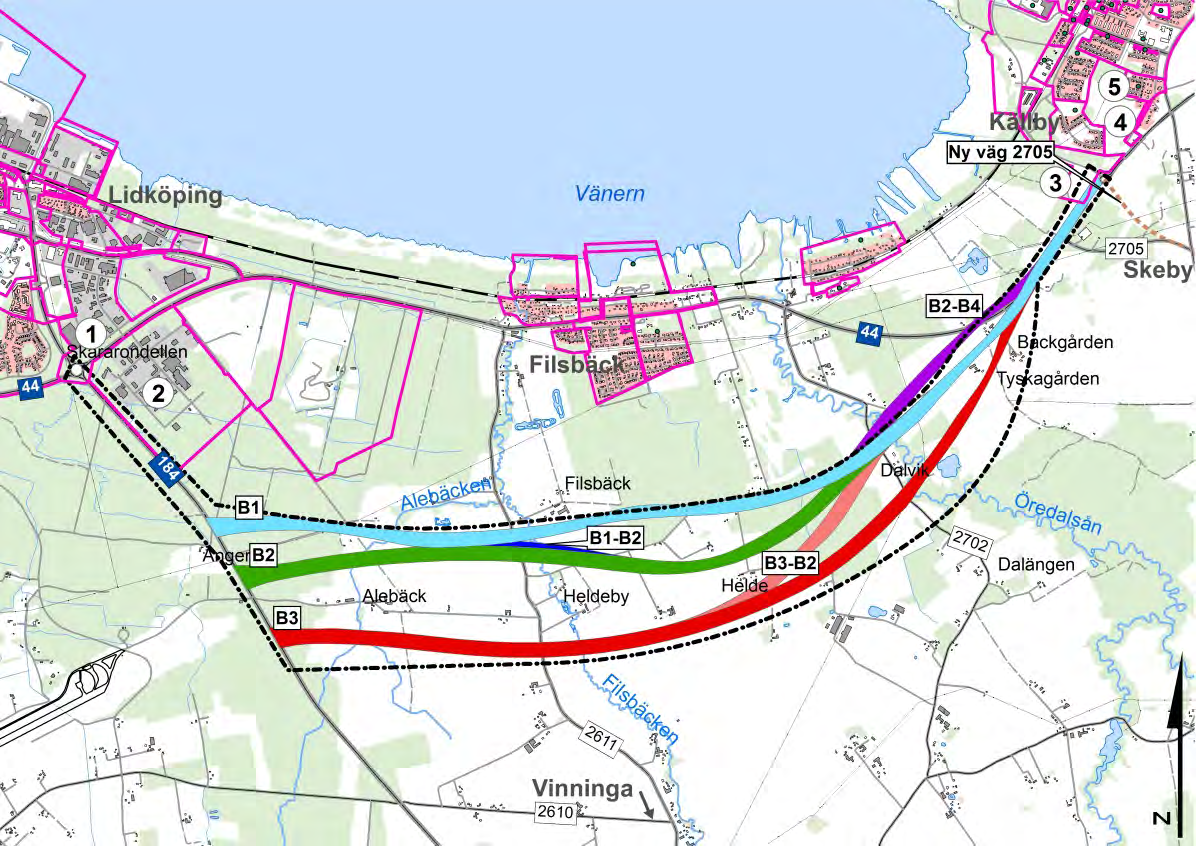 Öredalsån sydost om Filsbäck. Redovisningen i översiktsplanen är delvis inaktuell eftersom Trafikverket har omarbetat den förstudie som översiktsplanen byggde på.