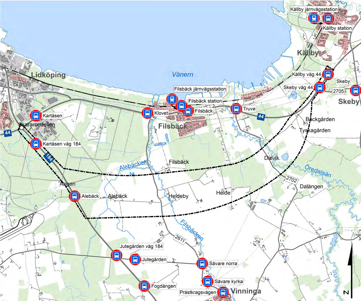 Figur 3.2.4:1 Tåg- och busshållplatser i anslutning till utredningsområdet. 3.2.5 Gång- och cykeltrafik Det finns gång- och cykelväg hela vägen mellan Lidköping och Källby som delvis går utmed väg 44, delvis en bit ifrån vägen.