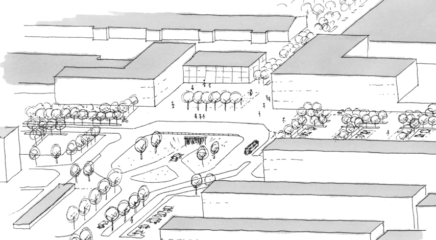 0 15 m Bilden visar en gatusektion över den nya passagen genom centrum (A-A), skala 1:100.