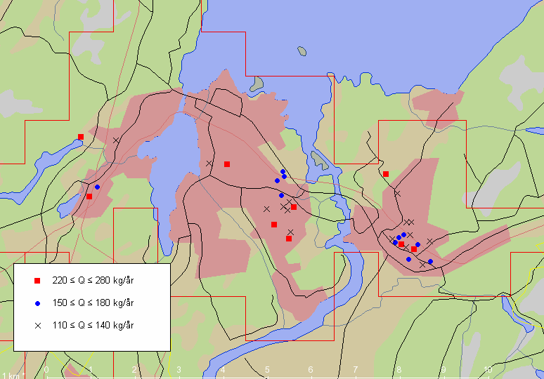 3 4 2 1 Figur 4.1. Geografisk representation av fastigheterna, med högsta emission av PM 10 i Vänersborgs och Vargöns tätort, från tabell 4.2. Fyra områden med många fastigheter med höga emissioner finns: Vargön (1), Mariedal (2), centrum (3) och Botered (4).