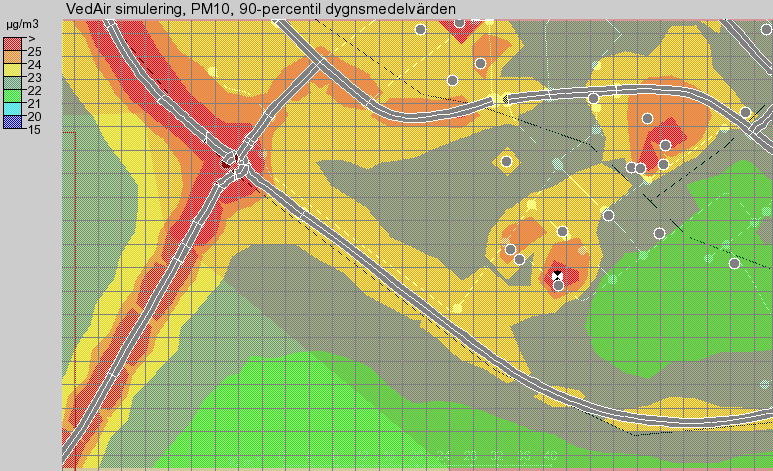 Tabell 4.3. Mer detaljerad information från körningen i figur 4.2 med avseende på receptorpunkterna 1, 2 och 3. 1 2 3 Beräkningsår: 2003 Ämne: PM 10 Årsemission [kg/år] Punktkällor 3755.