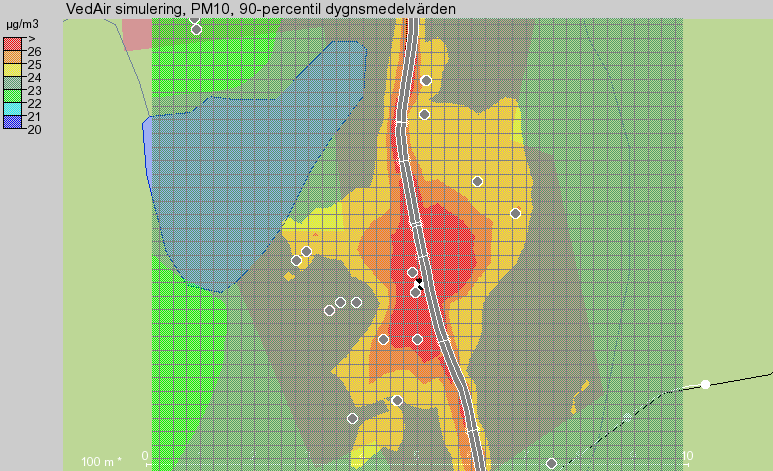 huset är hela 65 000 kwh/år enligt sotardata. Dessutom ligger genomfartsleden för enbart ett 30-tal meter bort. I området i övrigt är halterna under MKN. Tabell 4.