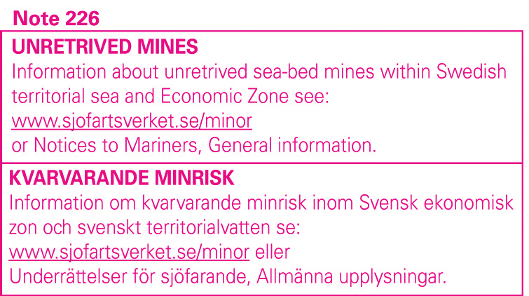Nr 270 14 En mer detaljerad information om minriskområden inom svenskt territorialvatten och svensk ekonomisk zon samt åtgärder om riskföremål påträffas redovisas numer på Sjöfartsverkets hemsida: