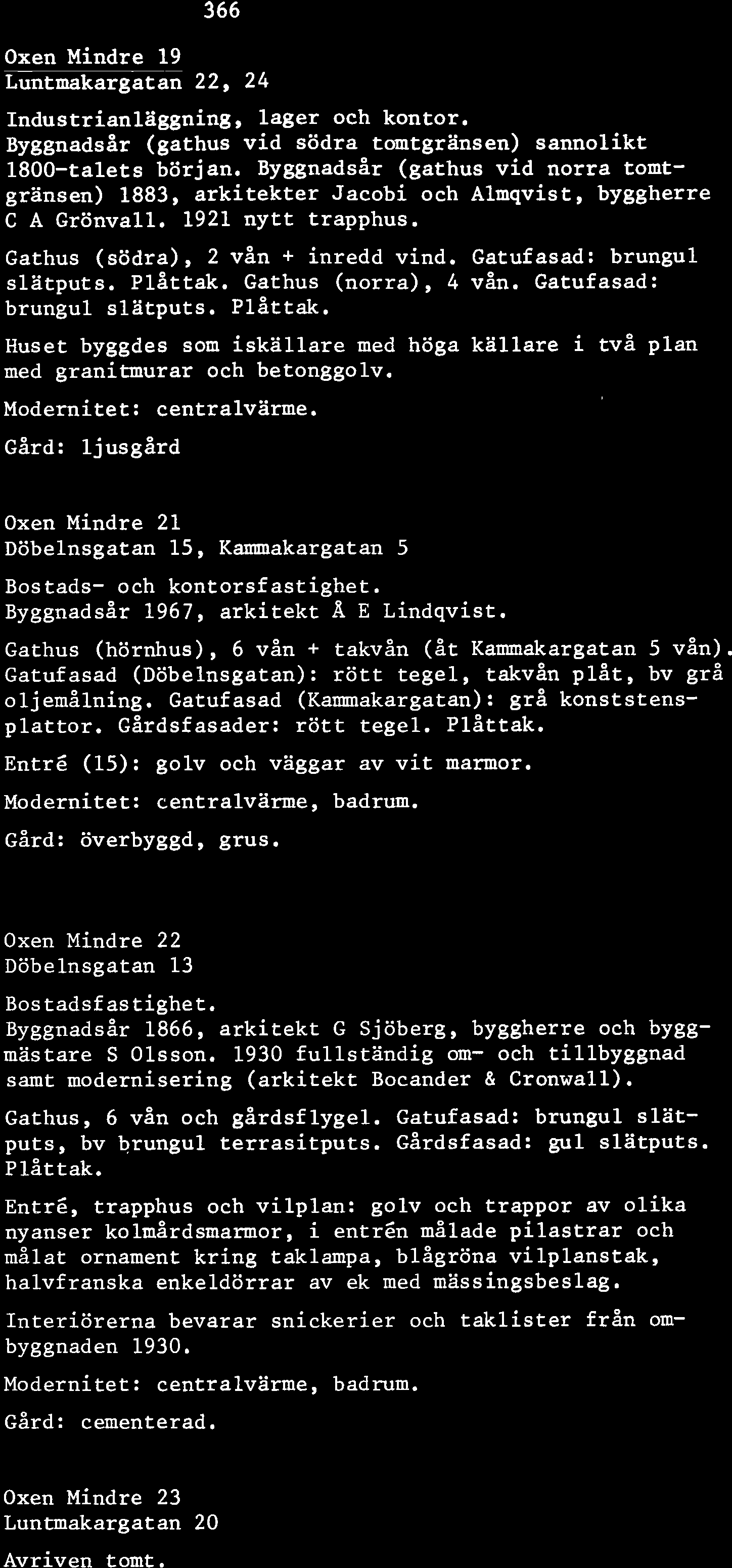 Oxen Mindre 19 Luntmakargatan 22, 24 Industrianläggning, lager och kontor. Byggnadsår (gathus vid södra tomtgränsen) sannolikt 1800-talets början.