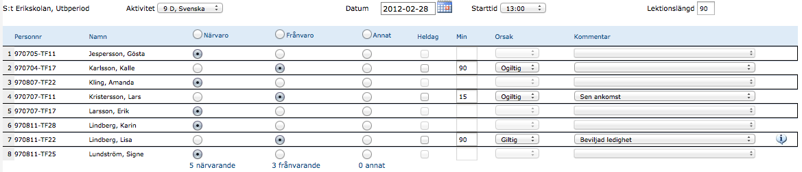 SID 4(10) Elev som saknar anmälan, men ändå varit frånvarande under lektionen ska anges som ogiltigt frånvarande. Ändra radioknappen från närvaro till frånvaro.