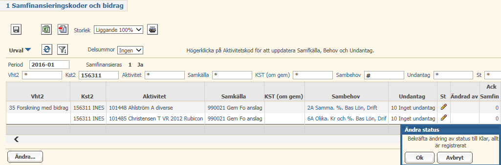 7 Godkänn det registrerade samfinansieringsbehovet I kolumn St visas status för samfinansiering per aktivitet. Det finns tre statusikoner: Redigeringsläge.