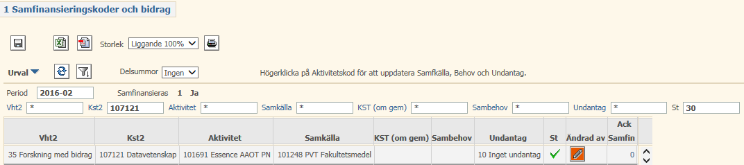 8 När du markerar ikonen i Ändrad av-kolumnen visas vem som ändrat status och när: För att samfinansiering ska bokföras med automatik på aktiviteten behöver du göra ännu en statusuppdatering, från