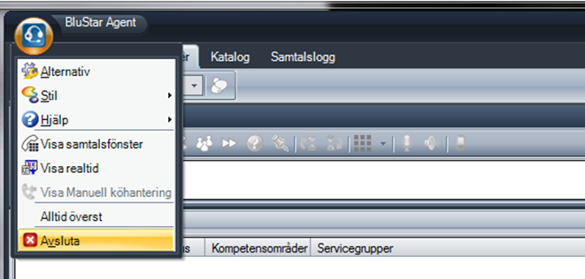 Har du det parkerade samtalet markerat så kan du välja att överföra eller återta samtalet. 6. Hur gör jag för att stänga ner BluStar Agent?