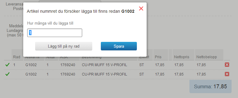 rörande leveransadress, till vilket lager beställningen skall skickas etc. ska ändras är det alltså bara att börja lägga till artiklar.