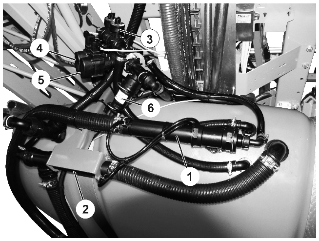 Produktbeskrivning 4.2 Översikt av Flow Control Bild 7 (1) Fyll injektorerna FT (2) Töm injektorerna FT (3) Liktrycksinstrument (4) Fyll ventilen FT (5) Töm ventilen FT (6) Tryckbegränsningsventil 4.