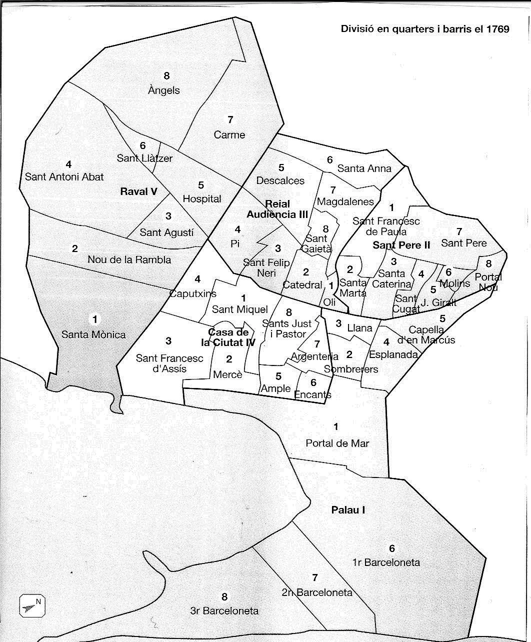 Bilaga 2, Uppdelning av Barcelona i kvarter och barrios 1769 Källa: