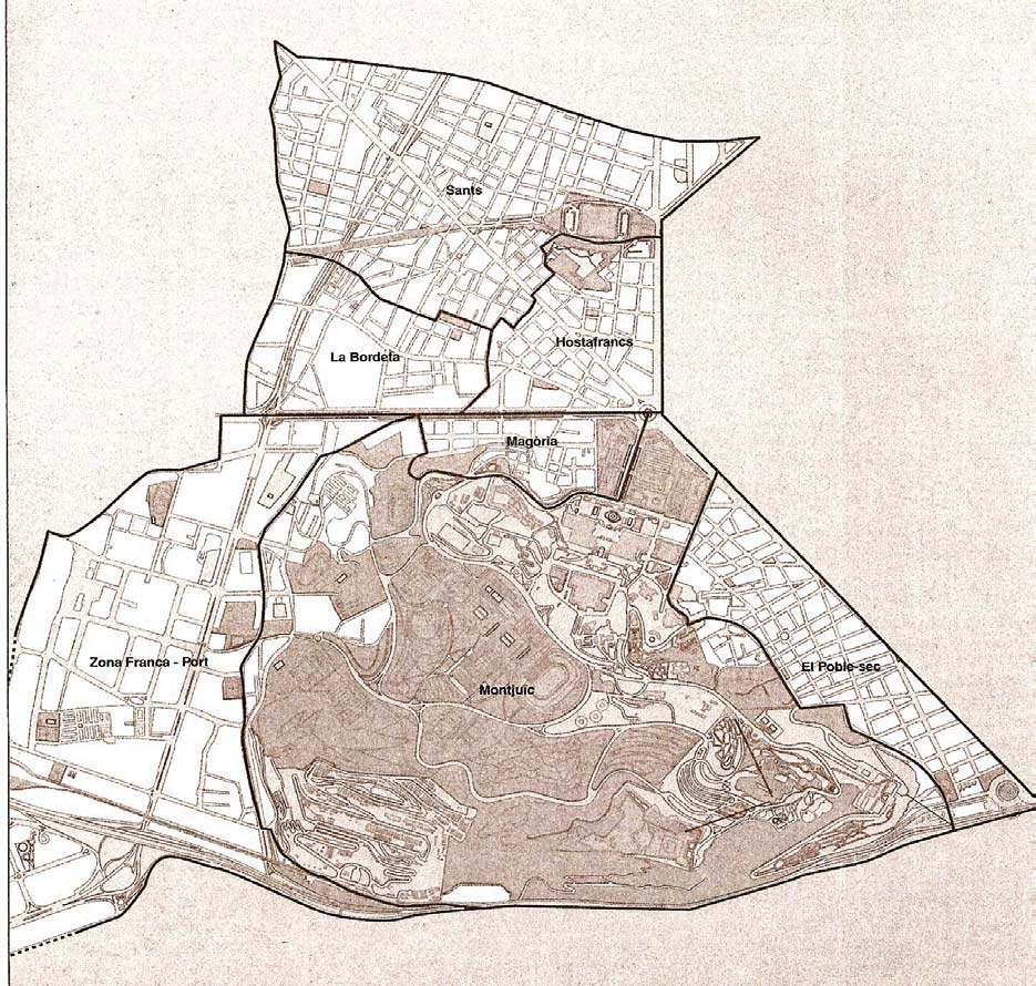 Bilaga 9, Karta över distriktet Sants Montjuïc och dess uppdelning i barrios Källa: