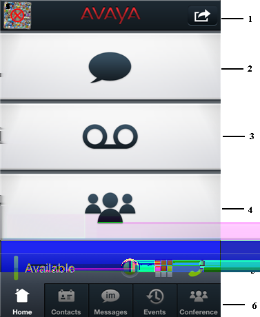 Användargränssnitt Layout Följande bild visar layouten för Avaya one-x Mobile-gränssnittet med skärmenhem vald. Nr. Beskrivning 1 Anslutning, knapp.
