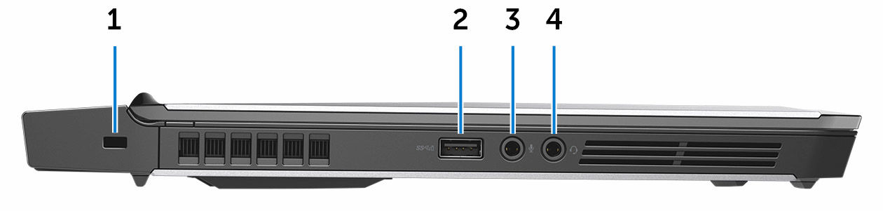 5 Port för extern grafik Anslut en Alienware-grafikförstärkare för att förbättra grafikprestandan. 6 Nätadapterport Anslut en nätadapter för att förse datorn med ström och ladda batteriet.