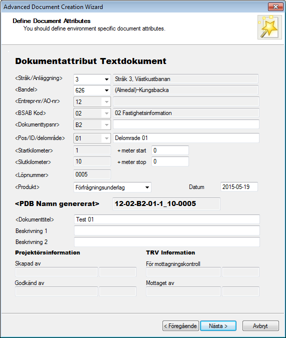 Skapa dokument Fyll i aktuell metadata