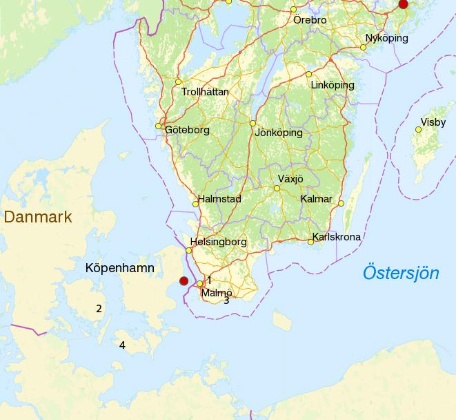 1.2.1 Uppsatsens disposition Figur 1. Karta över platserna som studien avser. 1: Uppåkra, 2: Gudme, 3: Öremölla, 4: Hoby.