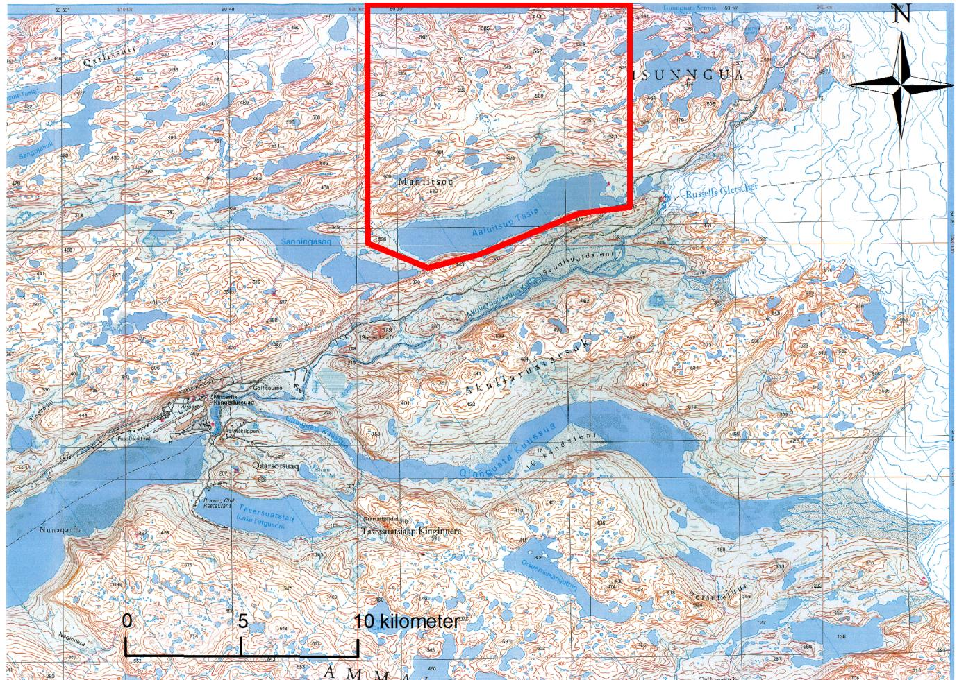 Området är 10 x 10 kilometer stort och utgörs av tre tydliga dalar varav den sydligaste innefattar sjön Aajuitsup Tasia.
