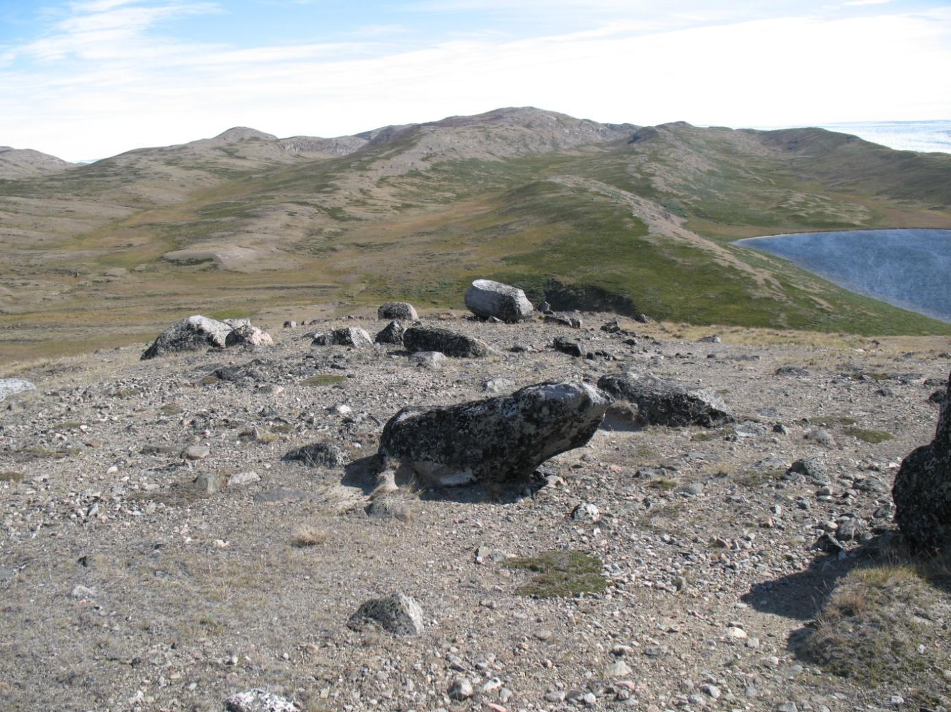 Figur 5: De torra sydsluttningarna domineras av steppvegetation och de våta norrsluttningarna och sänkorna domineras av högre vegetation som ris och vide.