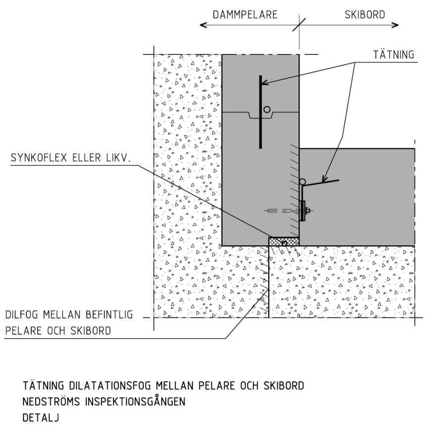 Figur 4.1 Ritning som visar en 3-D vy som exemplifierar anslutning av skibordets nya dilatationsfog mot tröskelns befintliga. Ritningsunderlag från KFS AnläggningsKonstruktörer AB [23].