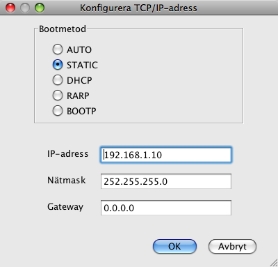 Konfigurera maskinen för ett nätverk med en Ethernet-kabelanslutning (inte tillgängligt för MFC-253CW, MFC-255CW och MFC-257CW) d Välj STATIC från Bootmetod.