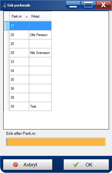 Spara / Öppna parkerade Spara parkerade: Sparar artiklar som är registrerade. Man får ange en orsak. Kan t.ex. vara namn eller företagsnamn.