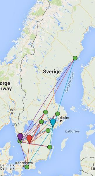 Karta 1. Kartan illustrerar hur transportsträckorna påverkas av en centralisering.