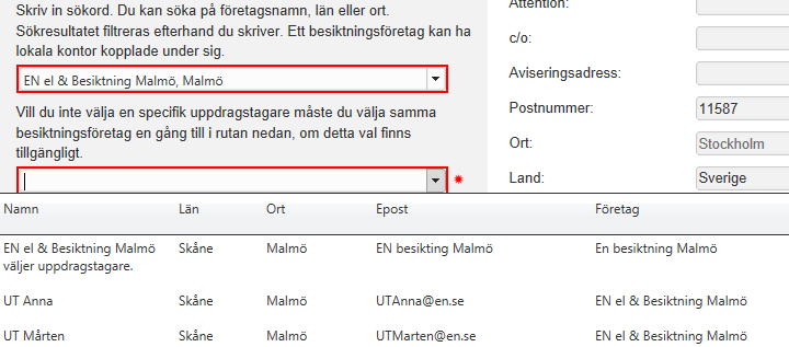 I fältet för personval presenteras alla uppdragstagare som finns anställa på alla de kontor som ingår i en besiktningskoncern.