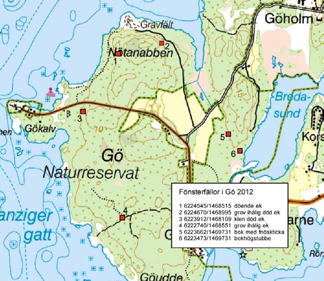 Lantmäteriet Länsstyrelsen Blekinge län Fig 5. Fönsterfällor i Gö 2012. Koordinater enligt RT90. Se även Tabell 1.