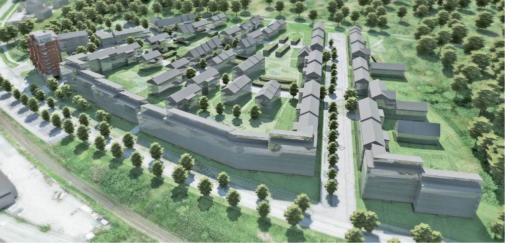 Situationsplan (Alma arkitekter) Mot Kungsängsvägen skyddar en sammanhängande lite högre bebyggelse området mot buller samtidigt som det avgränsar