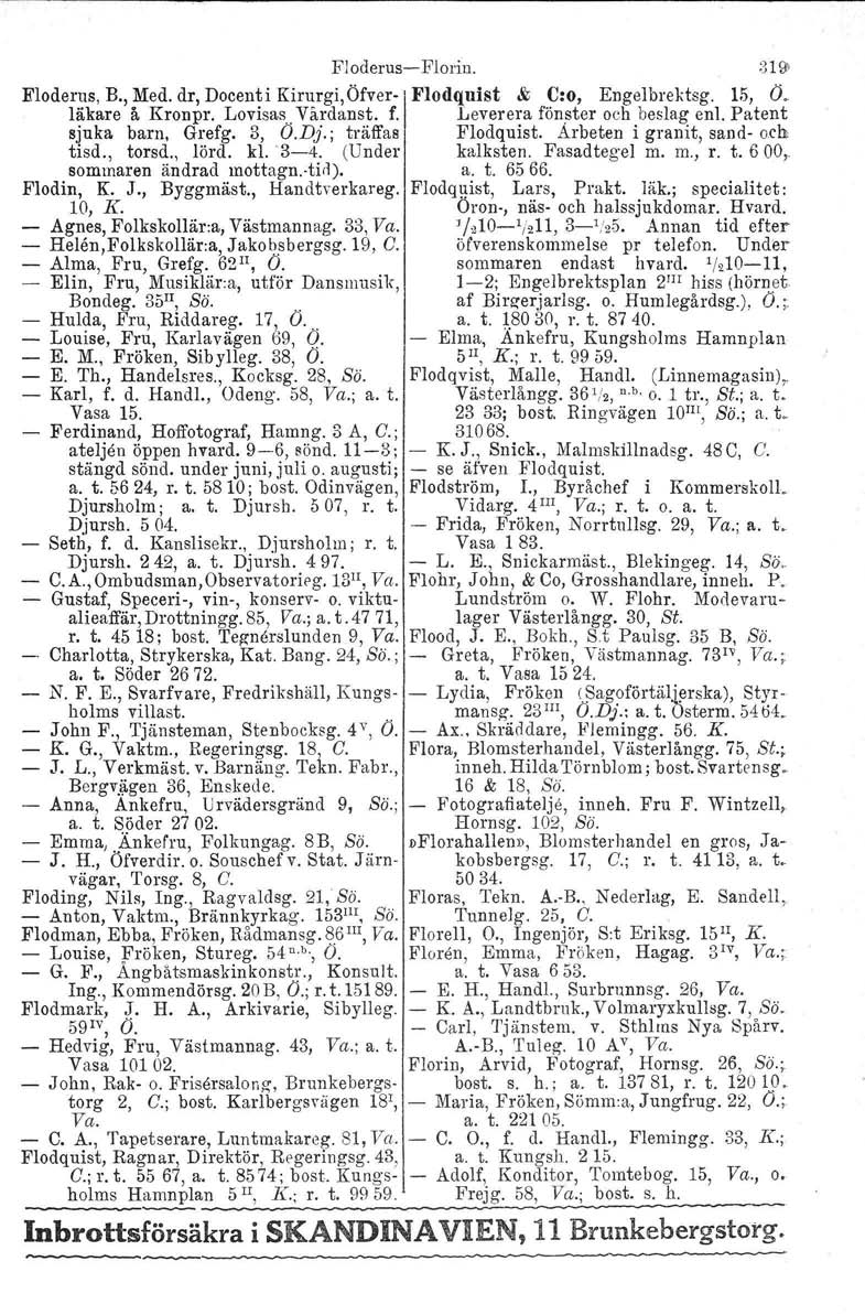 Fl oderus- Florin. ;319> Eloderus, B., Med. dr, Docenti Kirurgi.Öfver-] Flodquist & C:o, Engelbrektsg. 15, D. läkare å Kronpr. Lovisas Vårdanst. f. Leverera fönster och beslag enl.