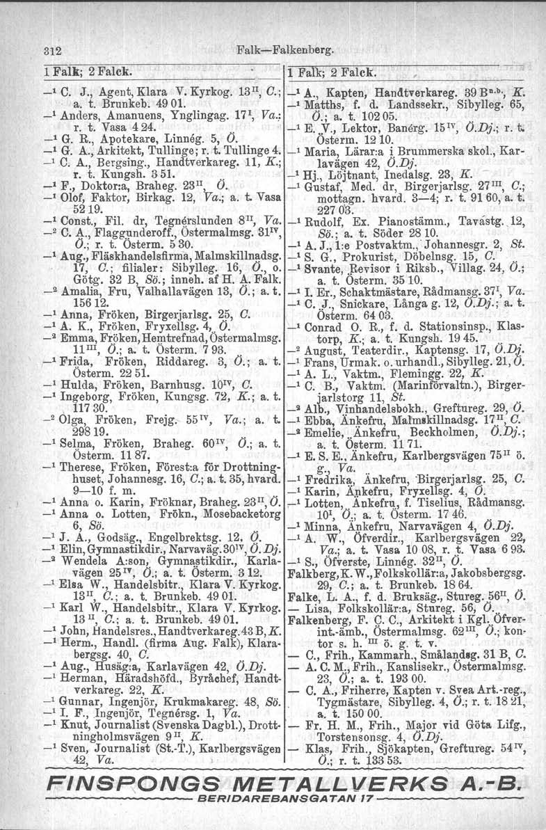 312 Falk-Falkenberg..lFalk; 2 Falck. II_F_I1_lk_;_2_F_al_c.k. _, C. J., Agent, Klara V. Kyrkog. 13 II, C.; _, A., Kapten, Handtverkareg. 39 Bu.b., K, a. t. Brunkeb. 4901. \ _, Matths,. f. d.